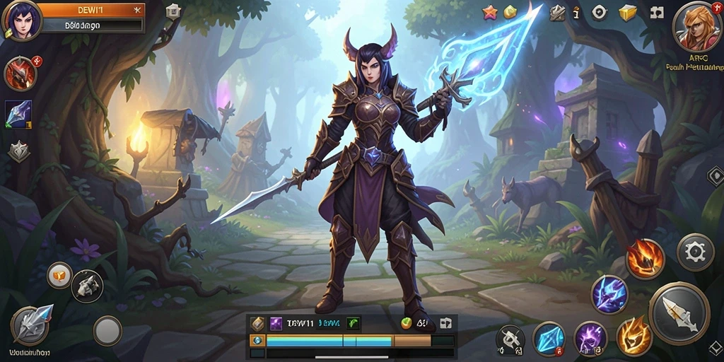 Screenshot gameplay DEWI11 menampilkan pertarungan epik dalam dunia fantasi.