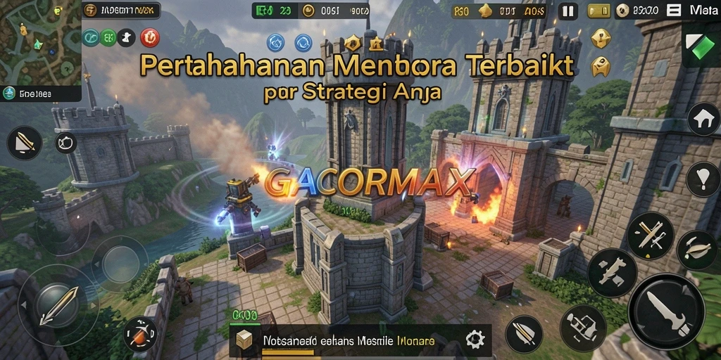 Screenshot GACORMAX yang menunjukkan menara pertahanan dan aksi gameplay.