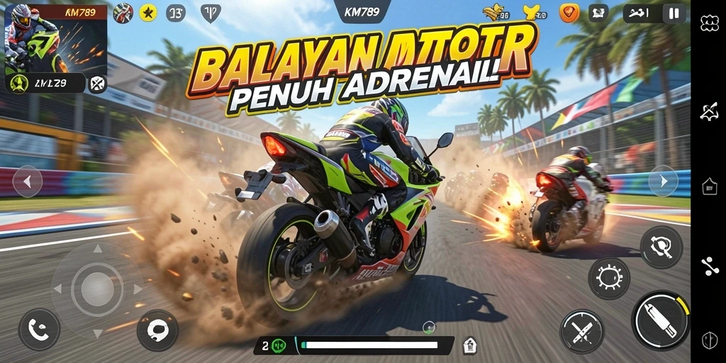 Screenshot utama KM789 menunjukkan akselerasi motor di trek balap.