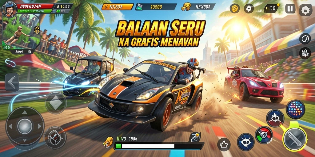 Tampilan gameplay balapan seru di NX303 dengan mobil cepat dan trek menantang.