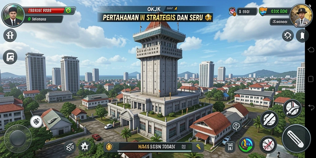 Tampilan permainan <strong>OKJK</strong> dengan menara dan musuh yang memukau.