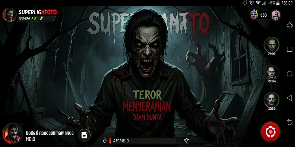 Screenshot gameplay SUPERLIGATOTO menampilkan suasana menakutkan dan mencekam.