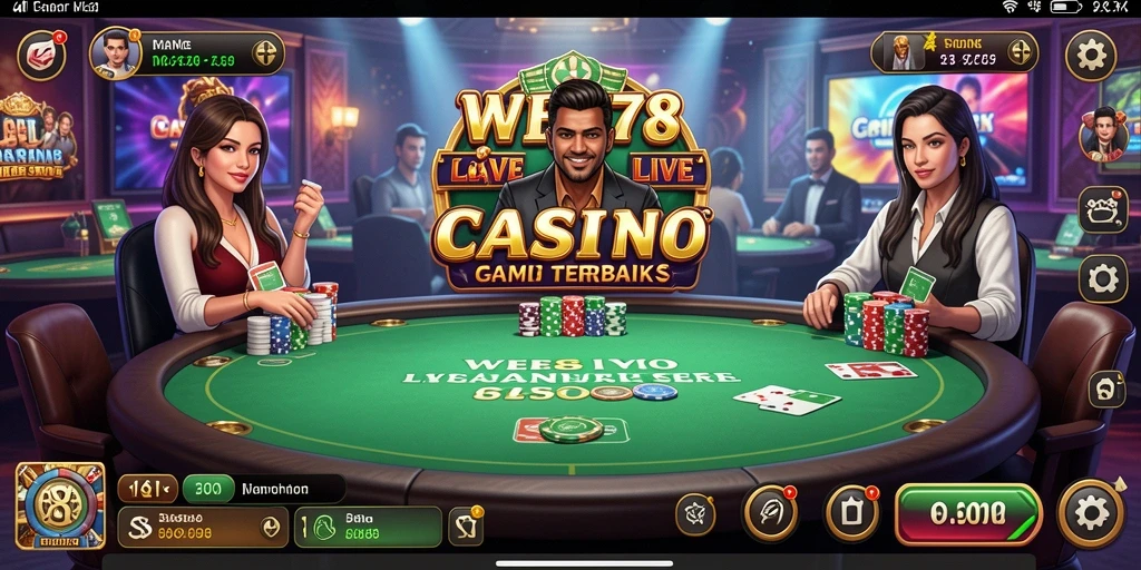 Screenshot gameplay WE878 yang menampilkan dealer langsung dan suasana casino.